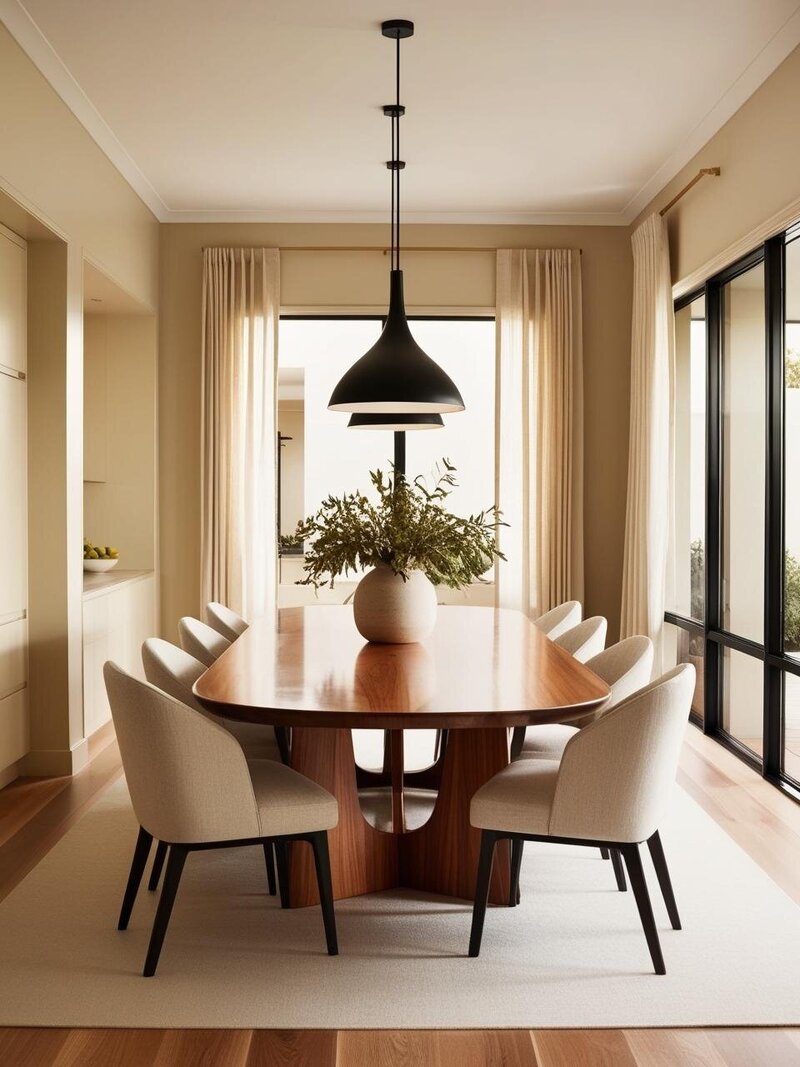 A refined Australian dining room featuring a timber dining table, eight upholstered chairs, and a vase with greenery. Black ceiling pendants add contrast, while open windows framed by beige linen curtains invite natural light.