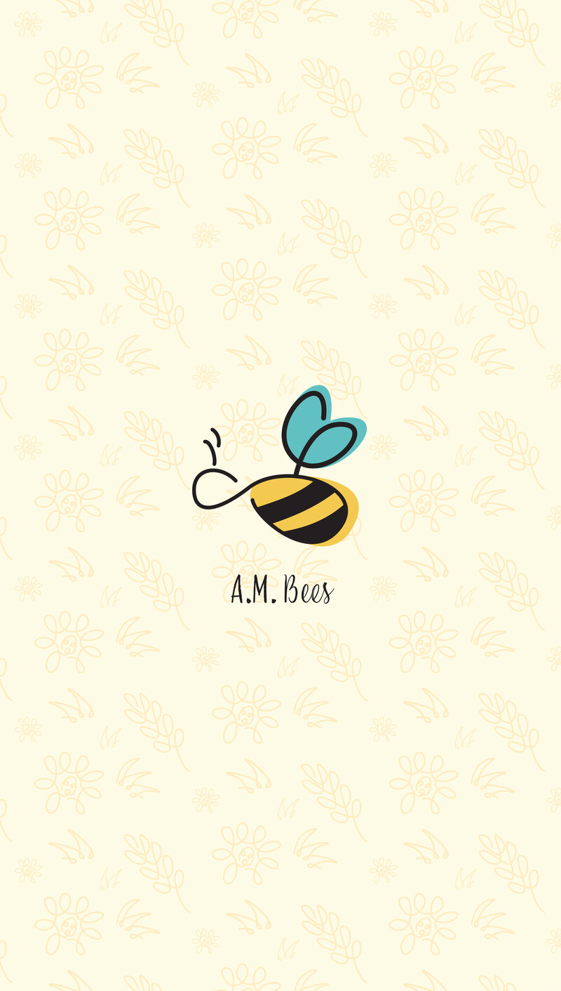 AM Bees logo created by Ayanna Richilano Designs sitting on top of the brand pattern.The logo is a stylized bee in with offset warm tones of yellow for the body and a turquoise for the wings with a stylized handwritten typeface style. The pattern is made up of common plants a bee would pollinate like clover and lavender.