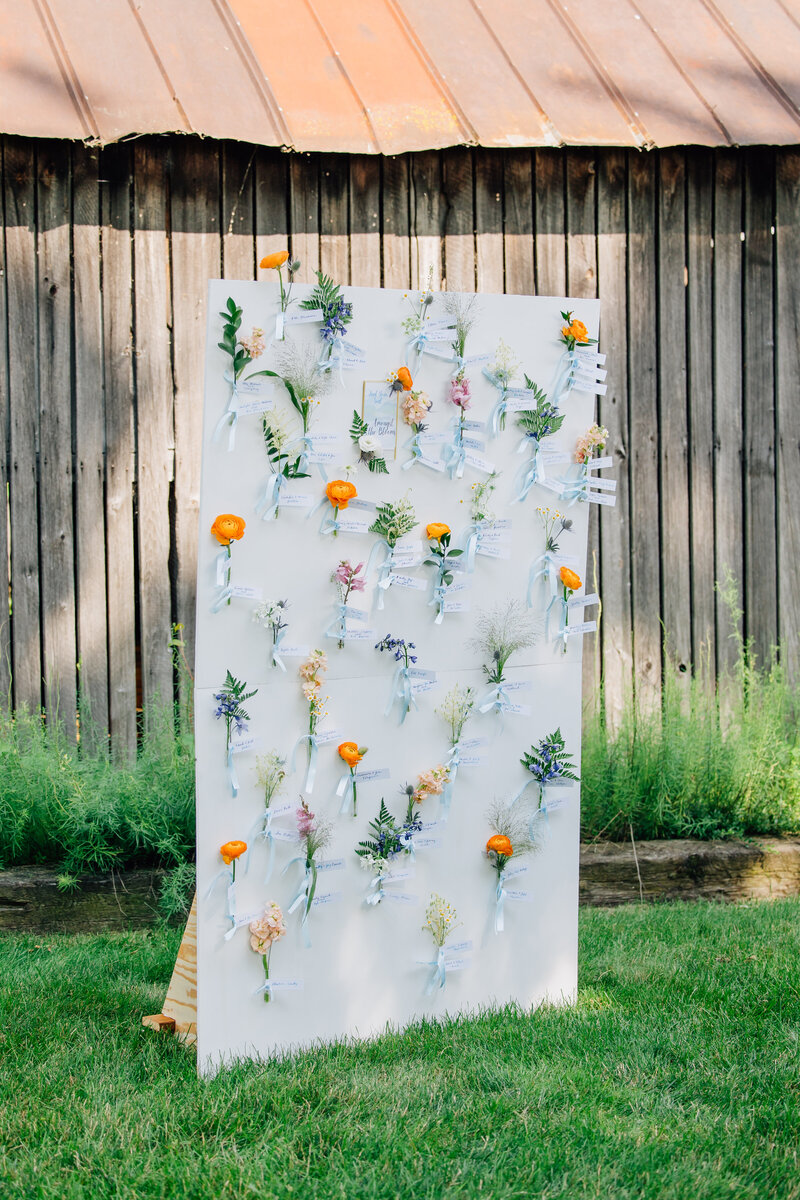 Wedding Seating Chart flowers with ribbons  Photo Courtesy of Erin Marie Photography