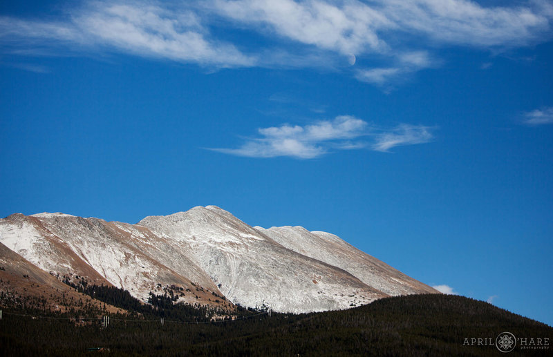 Just one of many beautiful mountain views with a bright blue sky at the Lodge at Breckenridge in Colorado