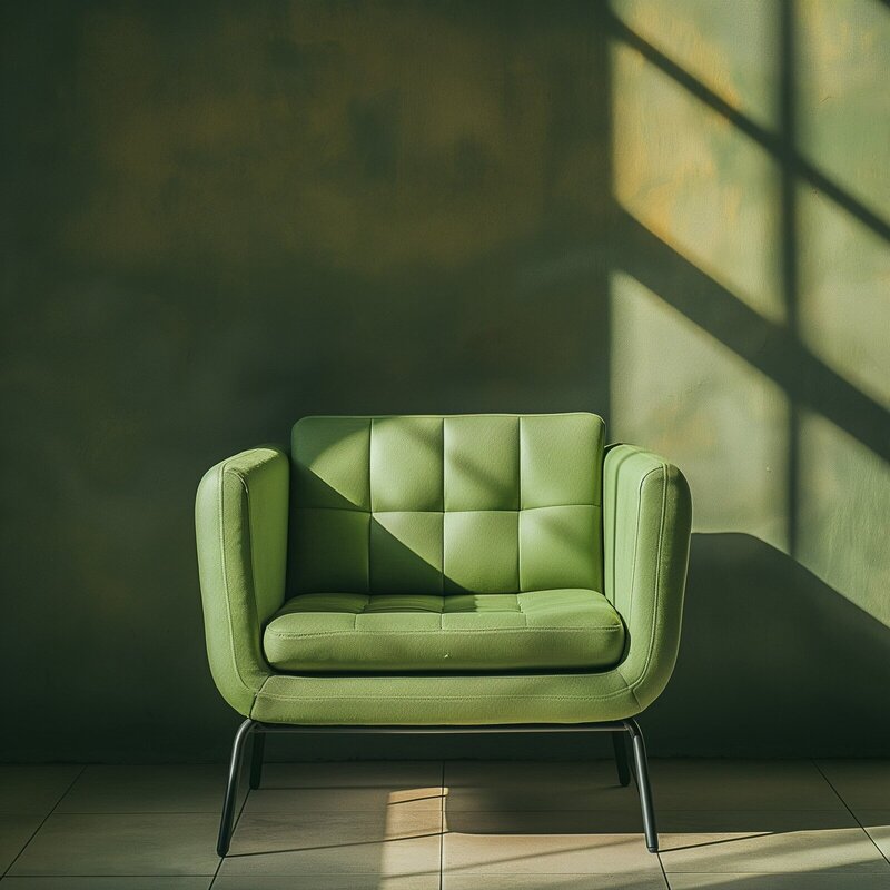 Modern green armchair with tufted cushions set against a textured green wall and windowpane shadows on the floor.