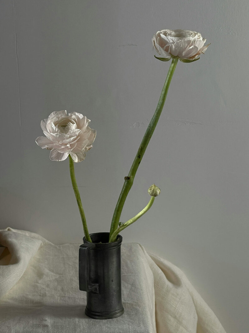 Image d’un vase sombre contenant deux fleurs blanches sur un tissu clair, illustrant la délicatesse, la profondeur et la clarté recherchées lors de l’évaluation thérapeutique globale visant à comprendre l’origine des symptômes physiques, émotionnels ou spirituels.