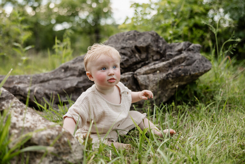 One-year old sitting in the grass with rocks during his one year portrait session at the park in Bonne Terre, Missouri. 