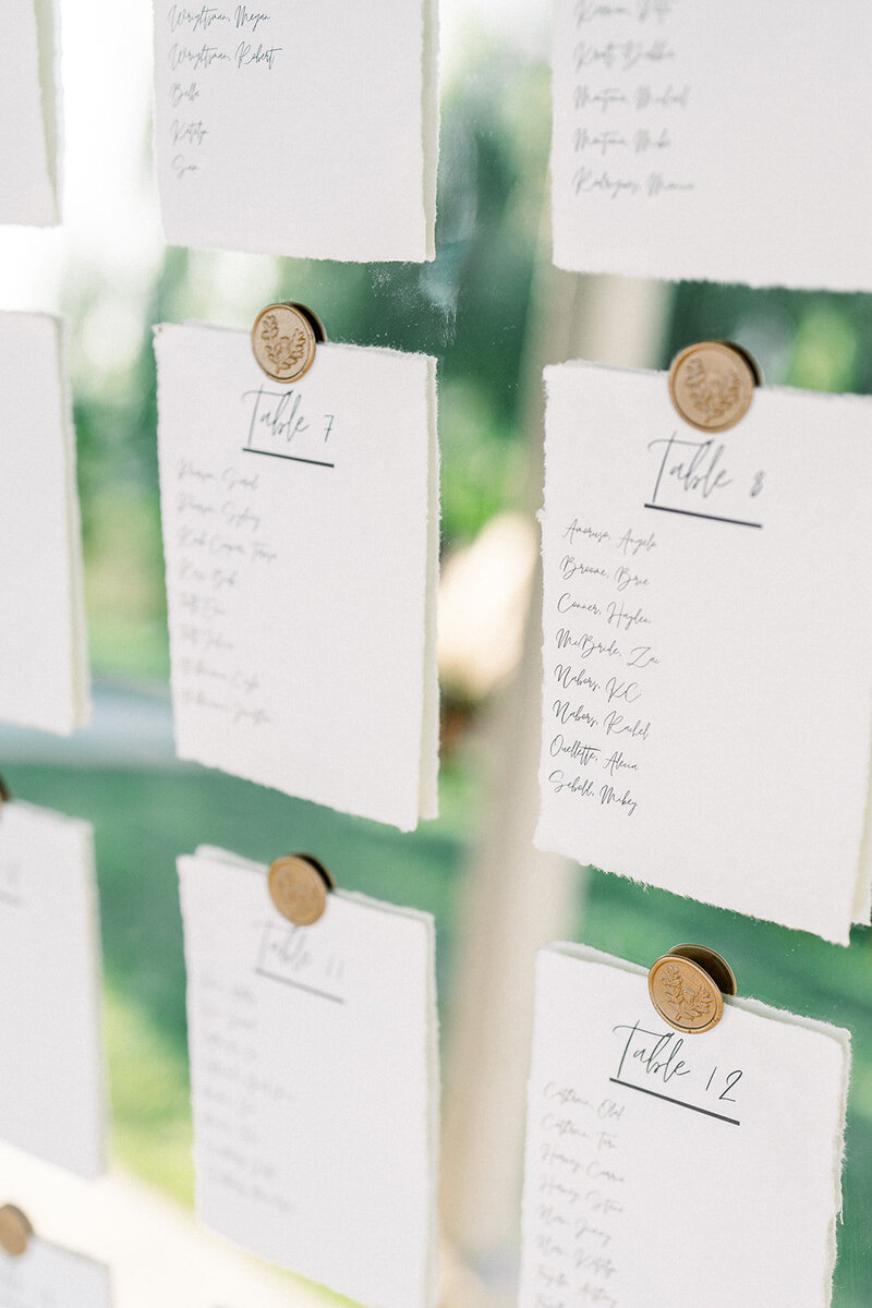 Tiffany Longeway Photography captures the sophisticated details of a wedding seating chart at the luxurious Auberge du Soleil in Napa Valley. Featuring handcrafted paper and elegant calligraphy, this image reflects the meticulous attention to detail that enhances the charm and organization of a high-end wedding celebration, making it ideal for couples seeking an upscale and refined venue.