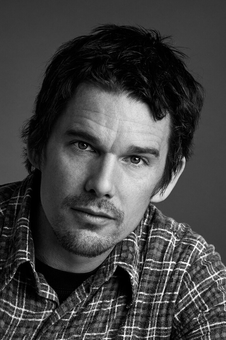 Expressive portrait of actor Ethan Hawke with a relaxed pose, captured by Ylva Erevall.