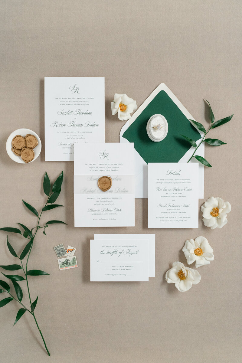 Classic Forest Green Semi-Custom Wedding Invitation with Vellum Belly Band and Gold Wax Seal