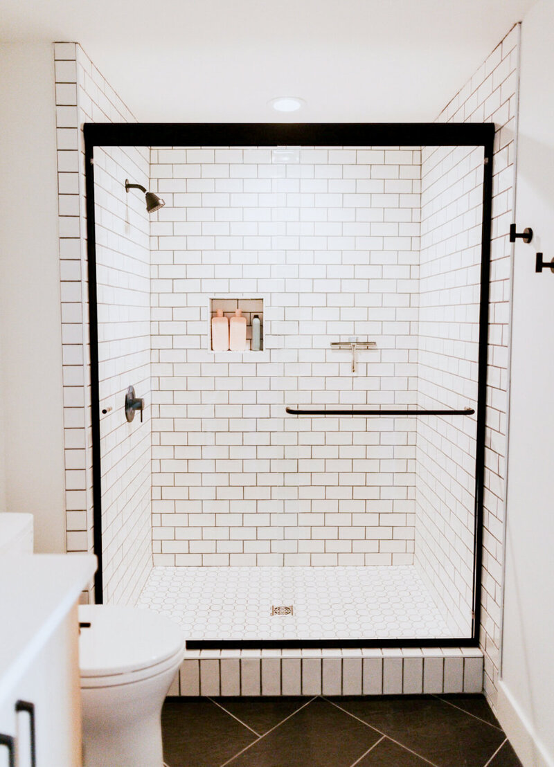 Gorgeous white subway tiled shower and clear glass door in the bridal suite.