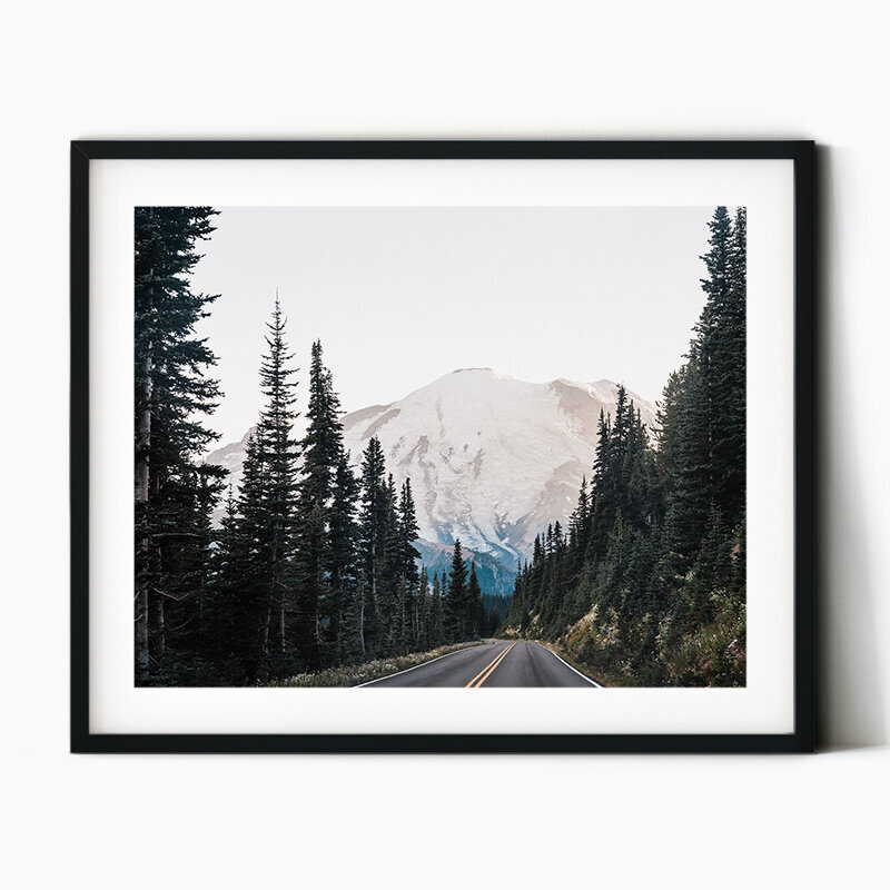 framed image of a road through Mt Rainier National Park with Mt Rainier framed by high alpine trees