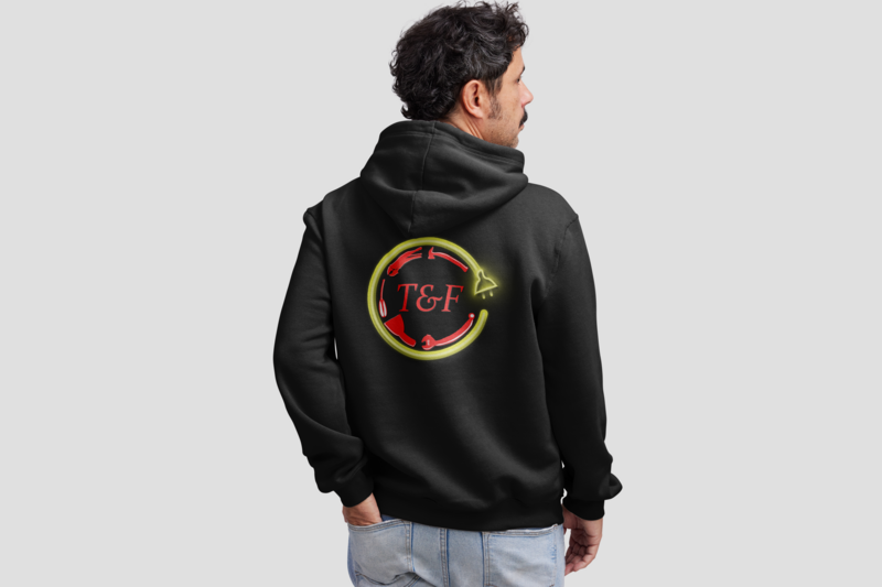 TFI Eletrical Logo_Italics on hoodie_black