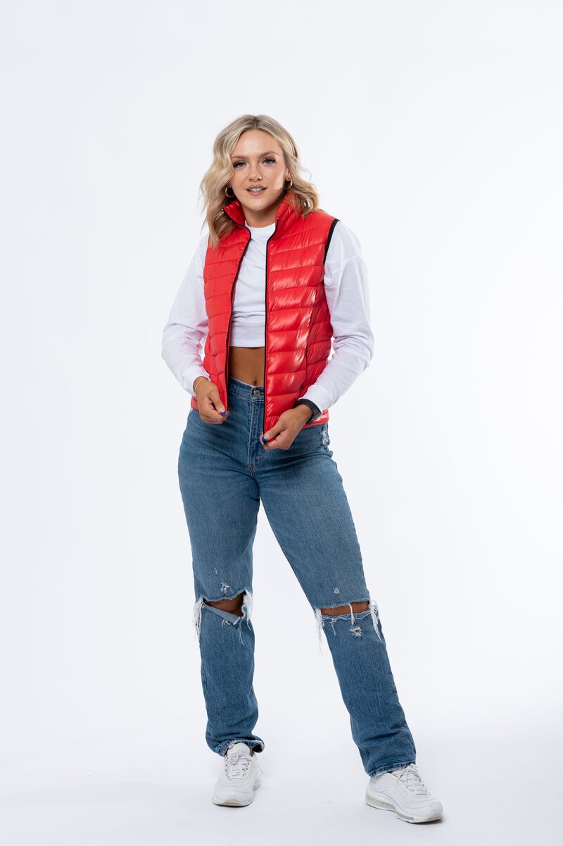 red puffy vest