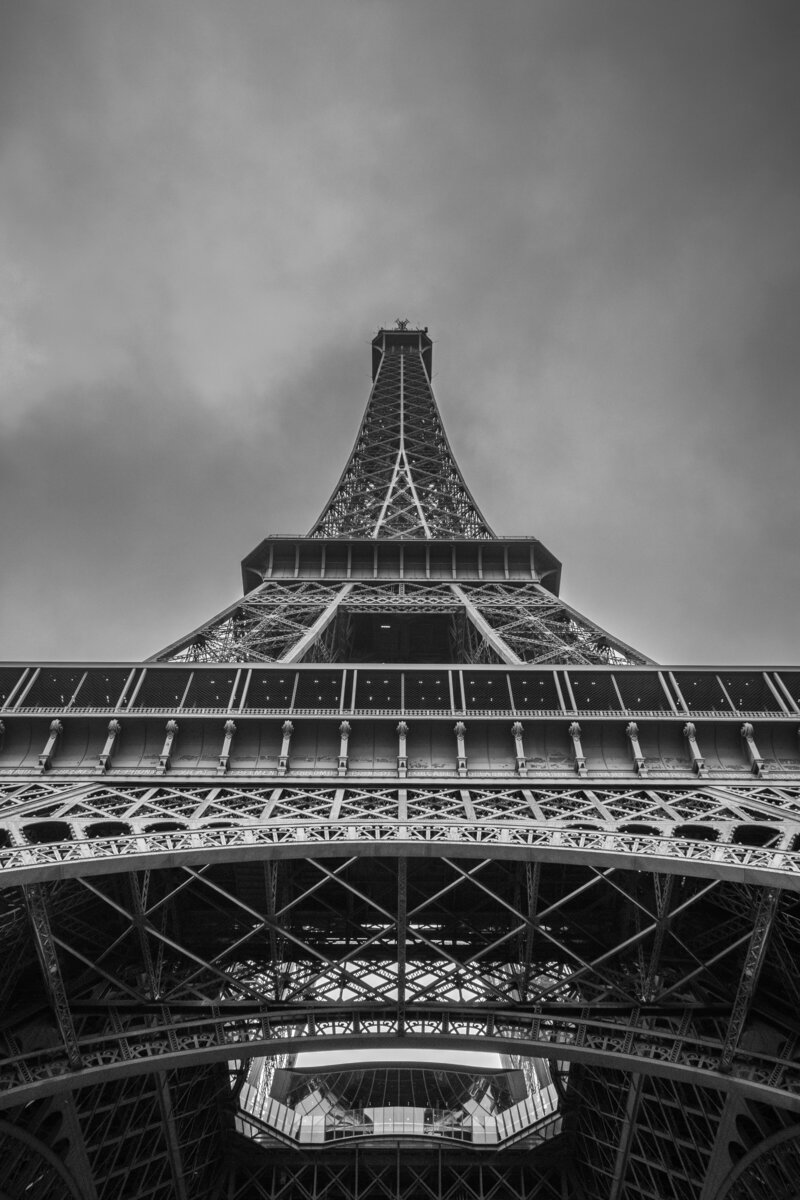 black and white image of the Eiffel Tower