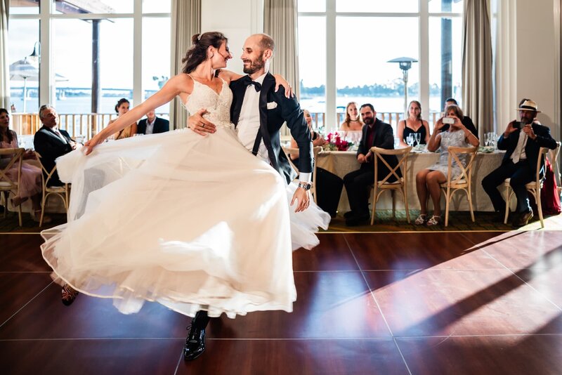 Bride and groom dancing at wedding reception at Paradise Point