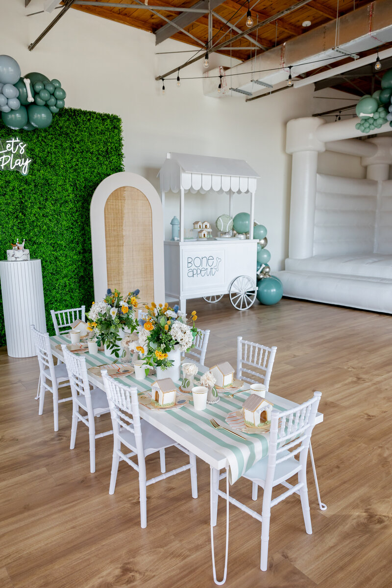Room with party backdrops for a dog party with white bounce house, and decorated kids table and chairs.