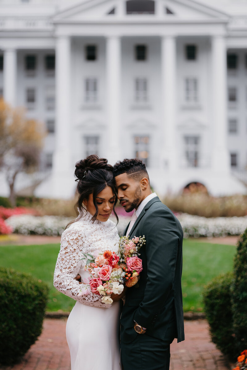 bride and groom outside the greenbrier