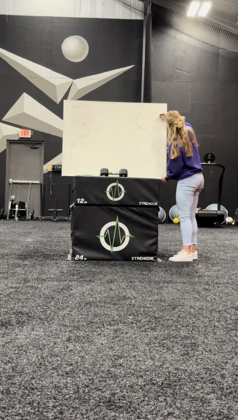 A female speaking in front of a group while using a whiteboard