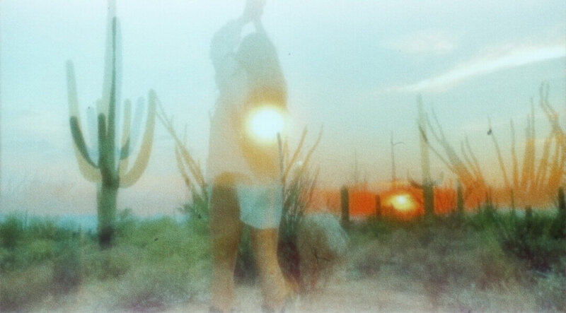 Double-exposed image of a person standing in a desert with cacti, overlapping with a sunset scene and the sun visible through their silhouette—a striking visual perfect for a web designer or brand strategy by Sweet Pea Ink Creative.