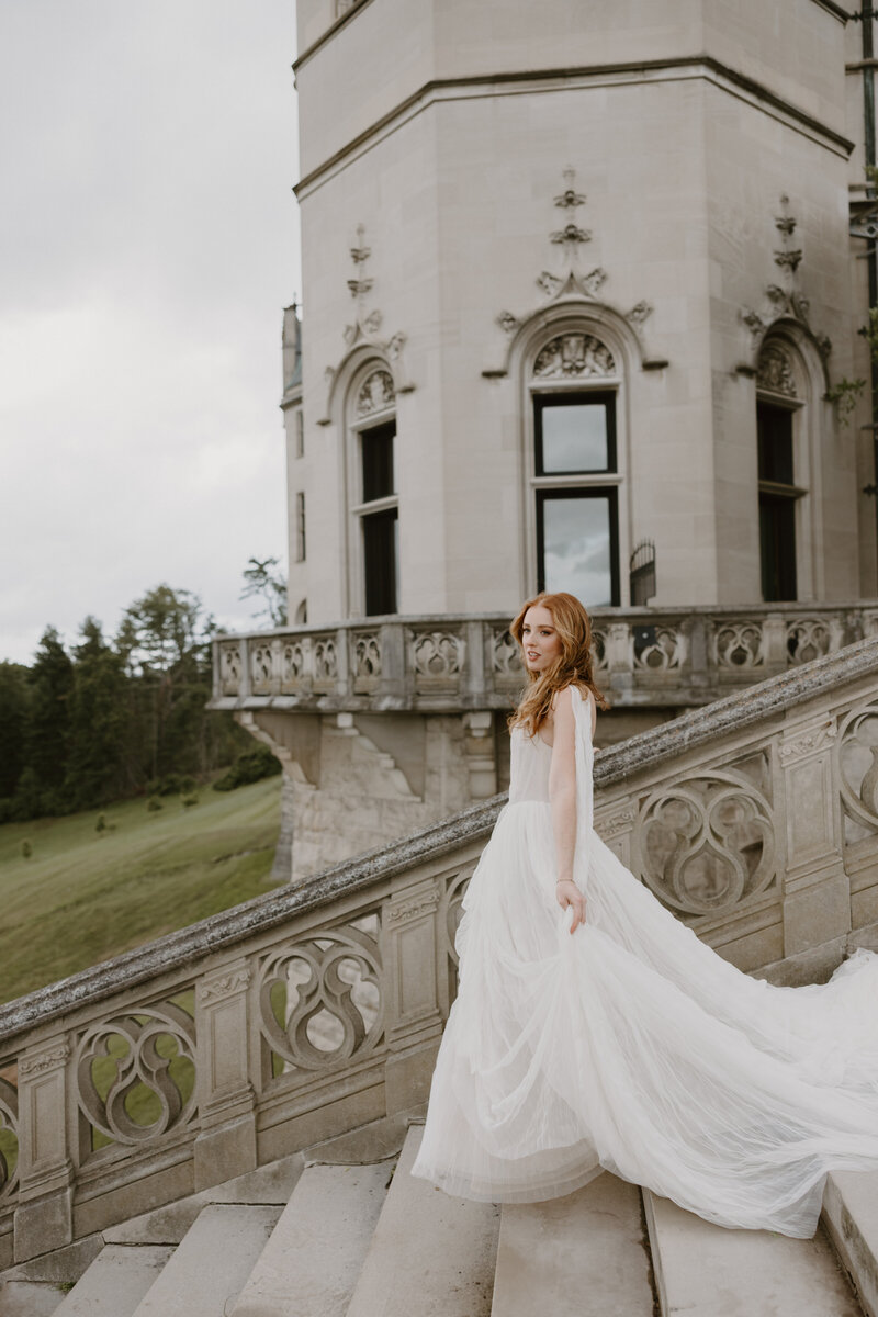 Bride in a Watters gown from Anthropologie strolling gracefully down the stairs of the Biltmore House.
