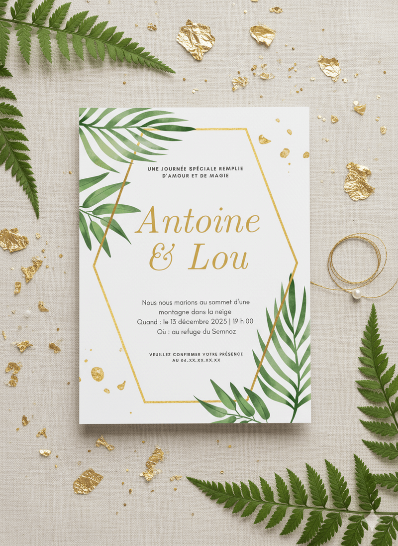 Faire-part de mariage au design botanique avec feuilles vertes et détails dorés, posé sur un tissu naturel entouré d’éléments décoratifs. Le faire-part affiche deux prénoms et les informations de la cérémonie.