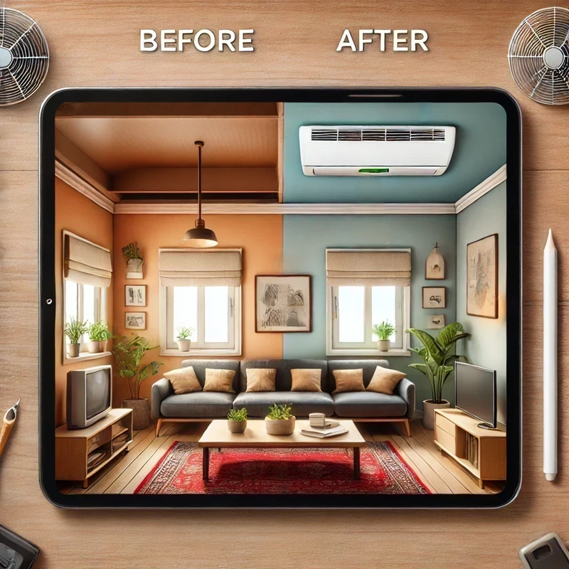 Living room before and after air conditioning installation showcasing improved comfort and design