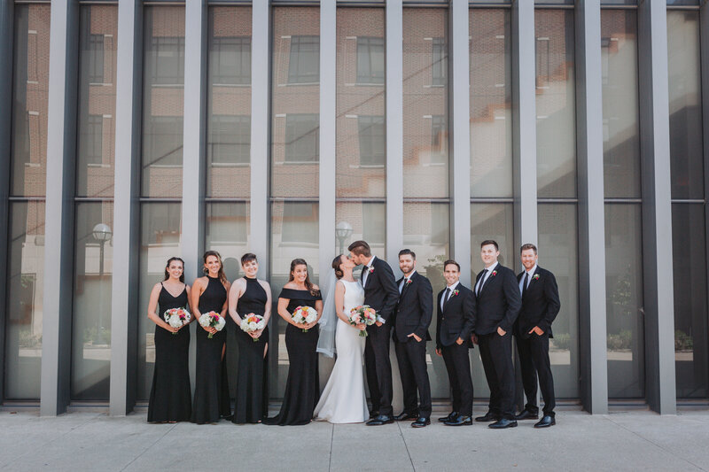 Bridal party group shot outside of UMMA in Ann Arbor