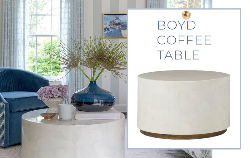 Email marketing banner featuring the Boyd Coffee Table with a gold push pin on top of a living room interior.