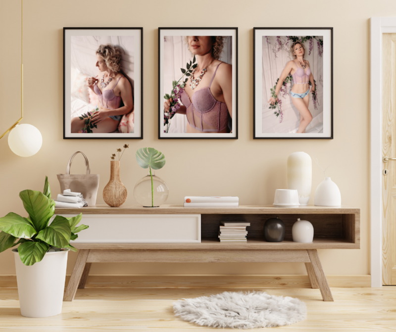 3 pieces of framed wall art of a boudoir session in purple lingerie in  Minneapolis Mn