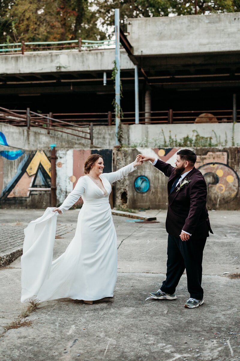 Artistic urban wedding portraits at Mellwood Arts Center in Louisville, Kentucky, captured by a creative and authentic wedding photographer.