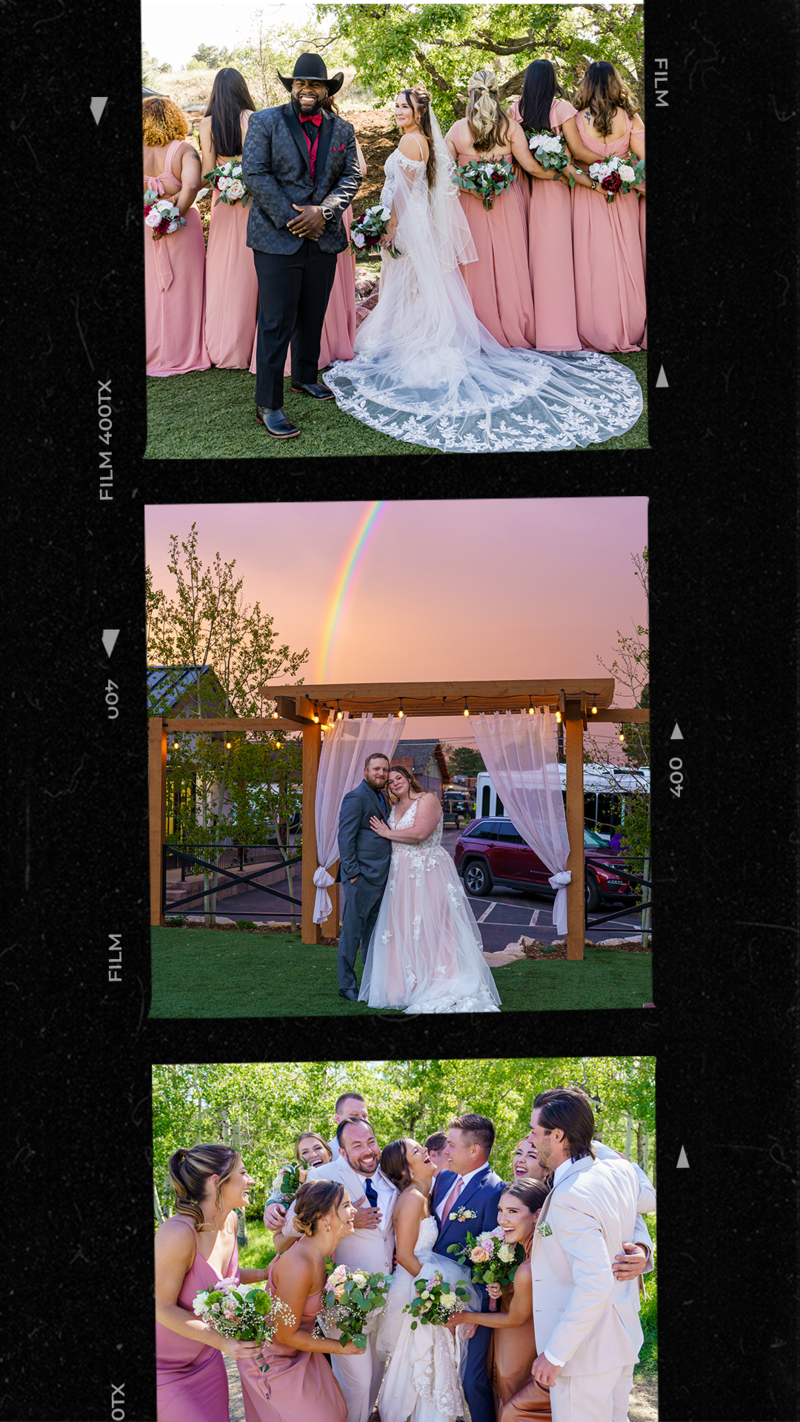 Stunning Wedding photography in Colorado Springs showcasing fun bridal party and a rainbow golden hour couples portrait at Hearth House Wedding Venue and Creekside by Wedgewood.