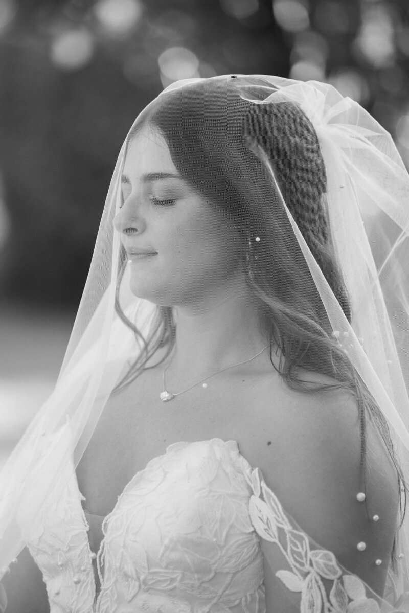 bride under her veil closing her eyes