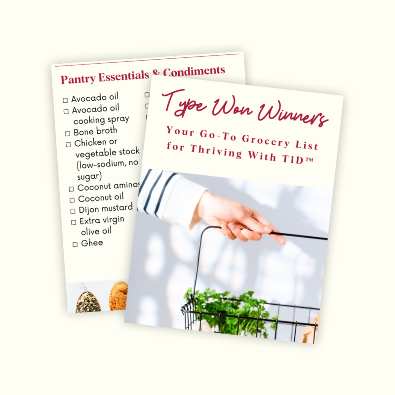 Picture of the T1D Healthy Grocery List eBook for T1D moms and their families, created by diabetes health coach Allee Peterson at Type Won Coaching™