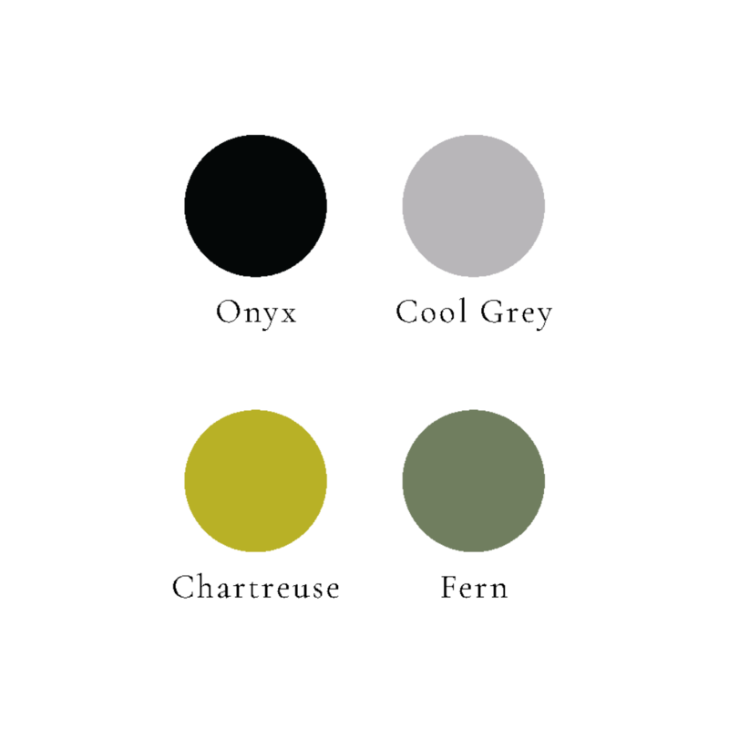 onyx, cool grey, chartreuse, and fern