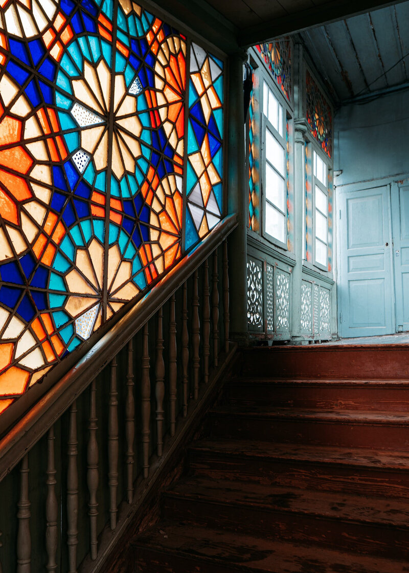 Geometric design of stained glass on a wall