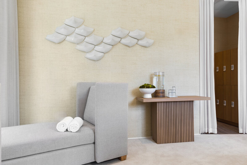 Spa at Serenbe Lounge with Lockers and Rachel Garceau Wall Sculpture