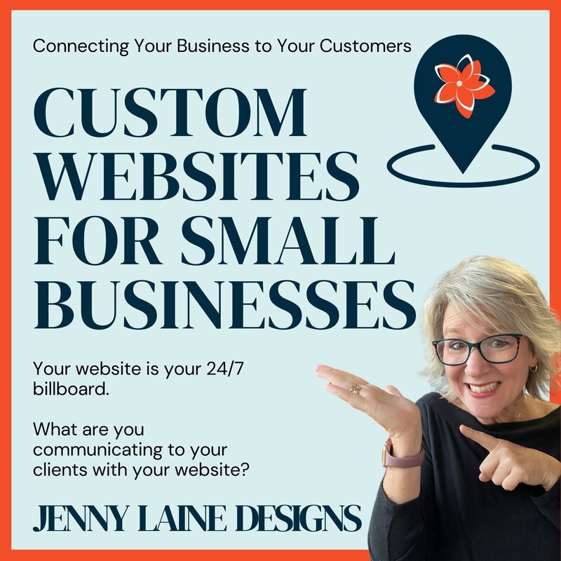 Custom Website with Jenny Laine Designs photo on the square - blue background with orange frame