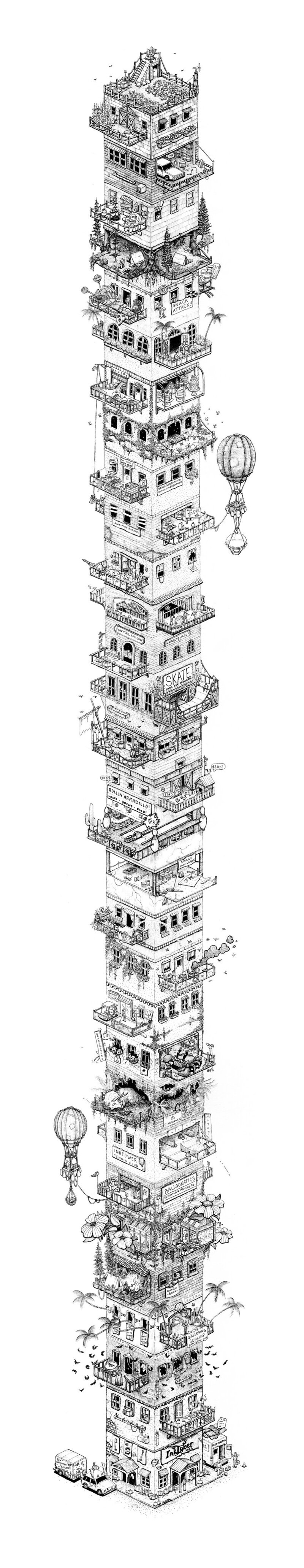 A single large image of a hand drawn tower built up from each daily prompt during inktober 2022. Pen and ink illustration