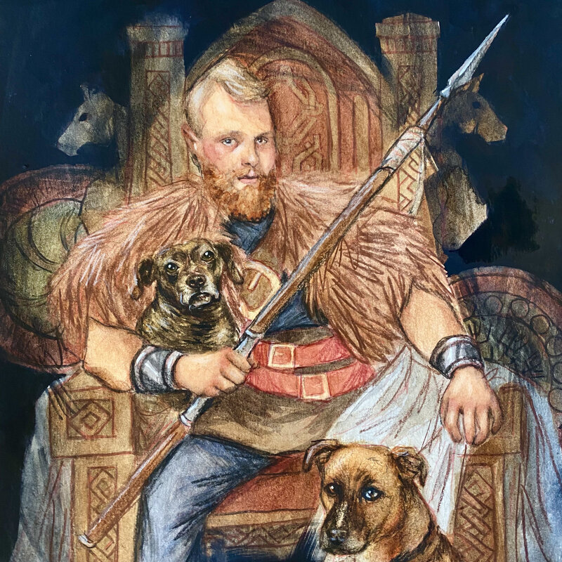 A portrait of a man sat at a thrown with his dog at his feet. 