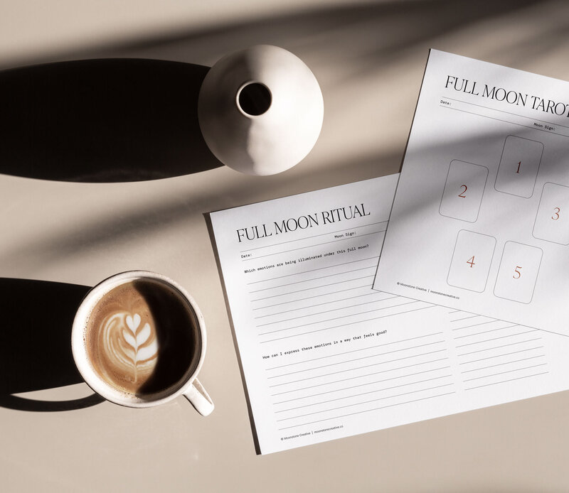 Full Moon ritual and tarot spread worksheet with a cup of coffee, designed for reflection and intuitive tarot under the full moon