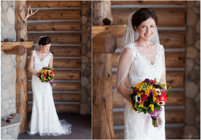 Bridal portrait in the Foyer Room next to stone fireplace at The Lodge at Breckenridge in Colorado