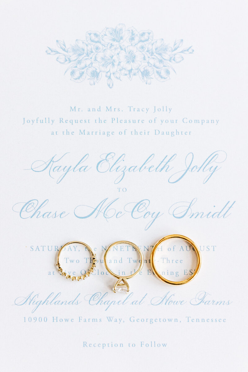 flat lay with wedding rings and invitation
