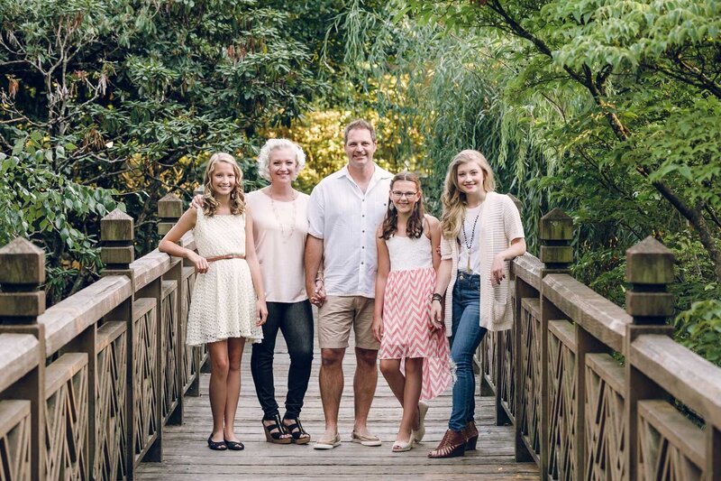 family of five on bridge