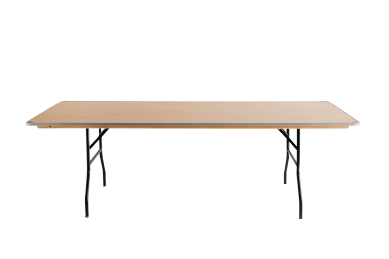 Product image of an uncovered regular foldable rectangular table with black legs and a raw wood top, ideal for events and rentals.