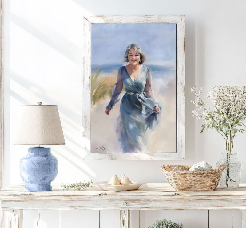 Painting of an older woman walking on the beach