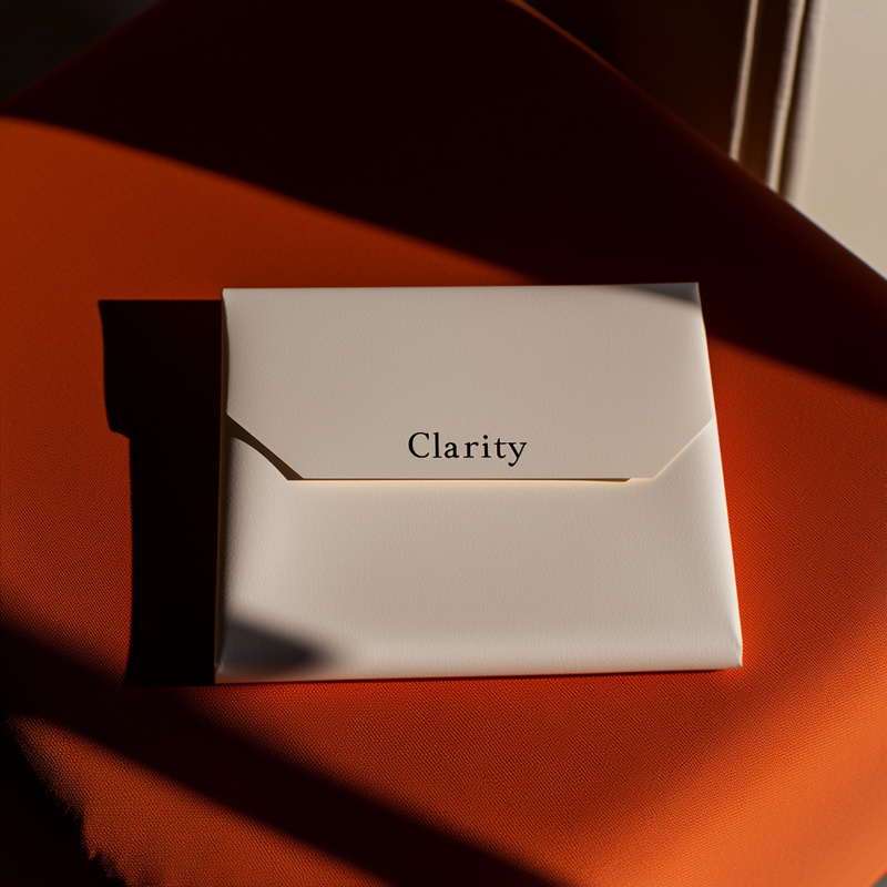 Image of a white envelope marked 'Clarity' on an orange table, representing the need for clarity in brand identity.