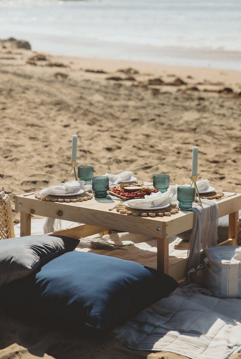 Let's Picnic Co. - Picnic with blue decor on beach in Corona Del Mar California