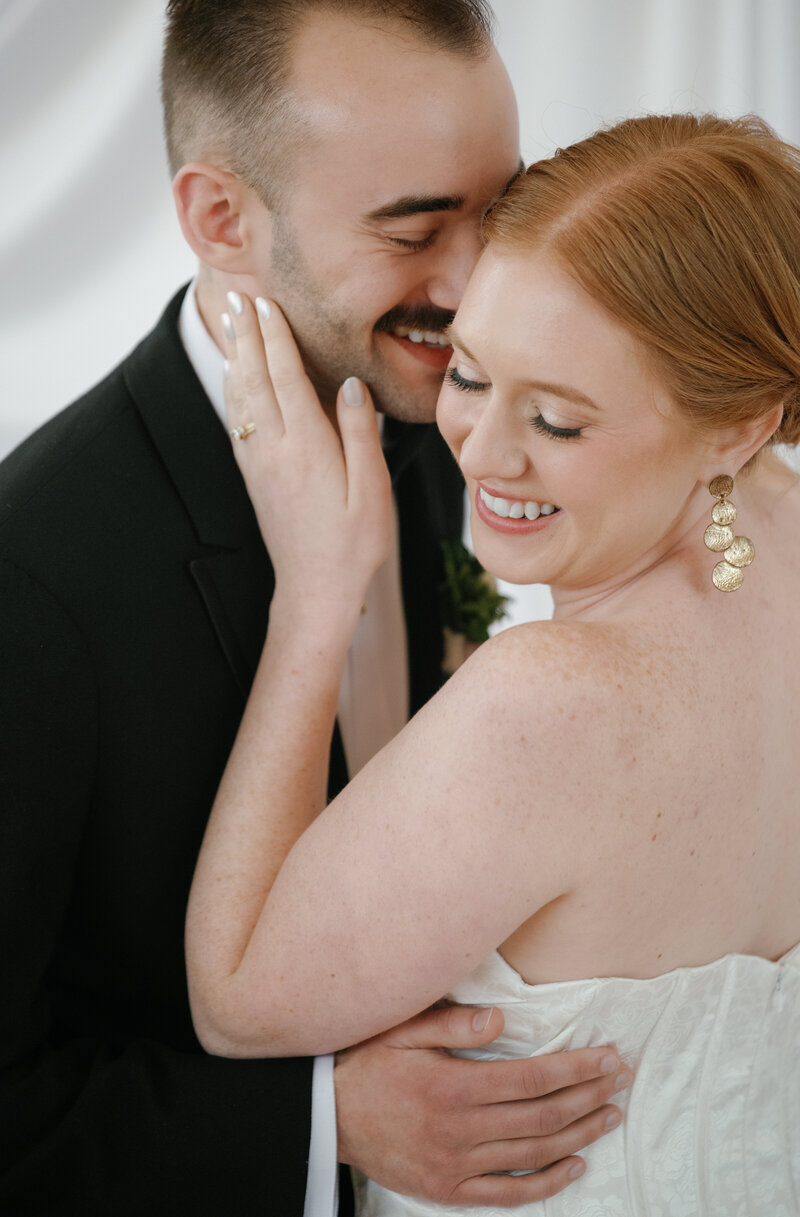 A close up portrait of a bride and groom