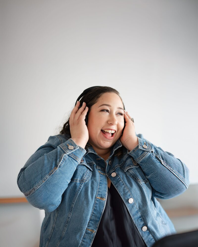 Pamela with headphones on