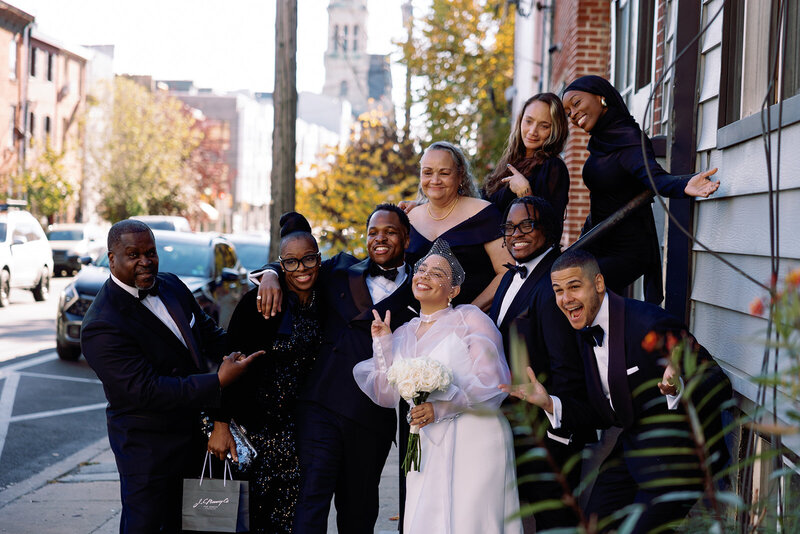 bridal party wedding portraits outside on steps in philadelphia