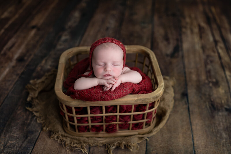 Rustic newborn basket pose in rich red tones, styled on warm wooden floors in Paris, Ontario.