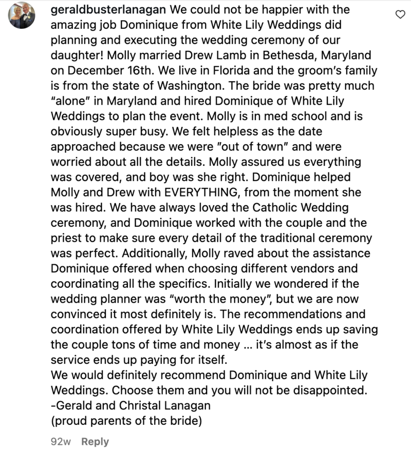 Screenshot of a kind review for White Lily Weddings from a past client.