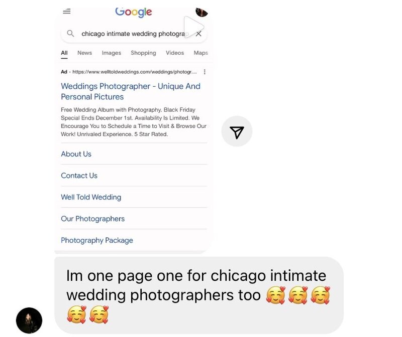 A client of Msav Creative Co texts that they reached page one of Chicago Intimate Wedding Photographers